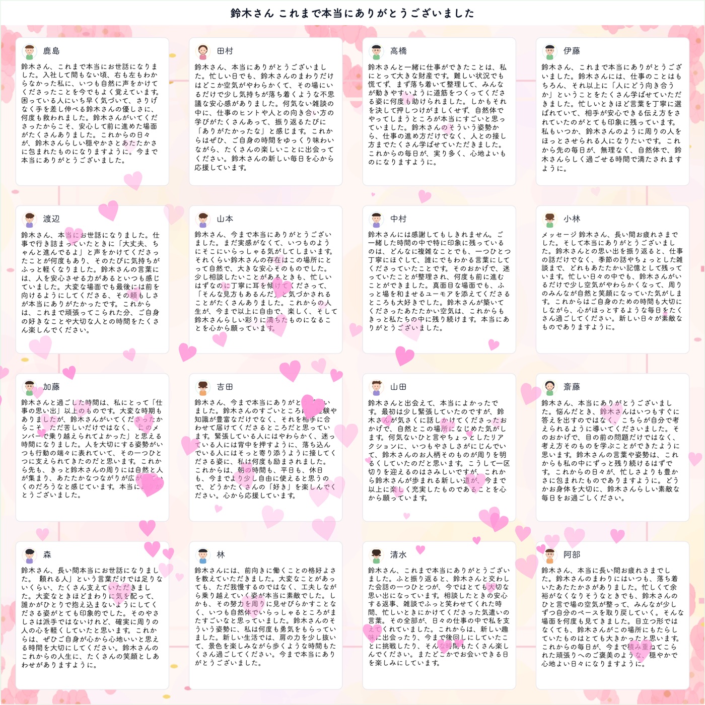 感謝メッセージの寄せ書き作例